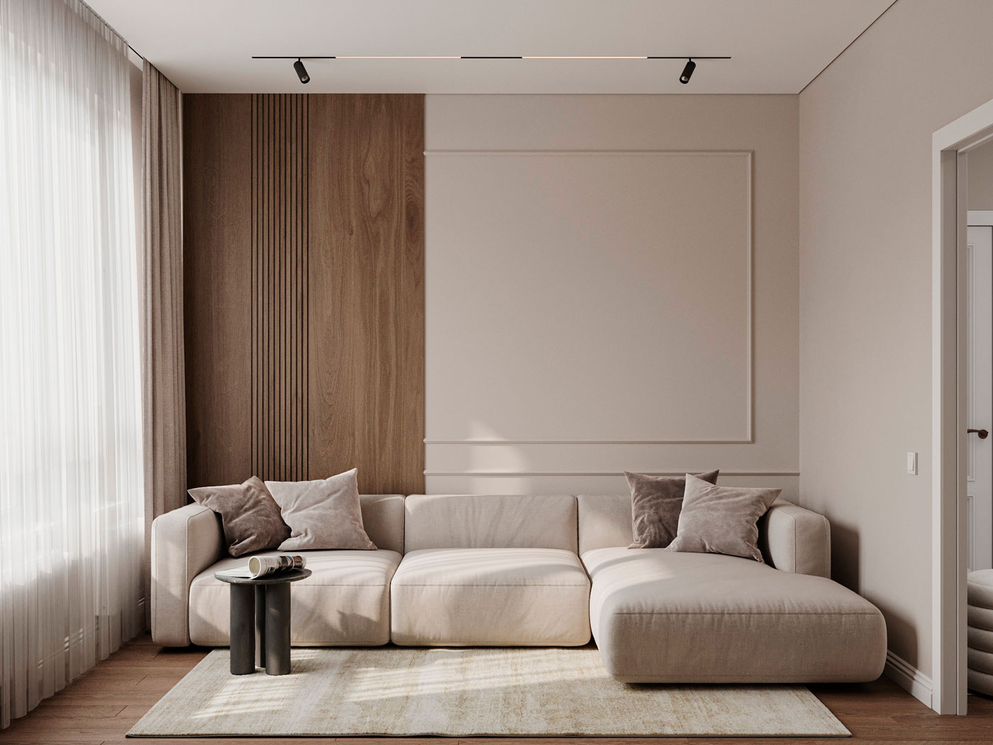 Светлая функциональная квартира  в бежевых тонах для семьи из трех человек