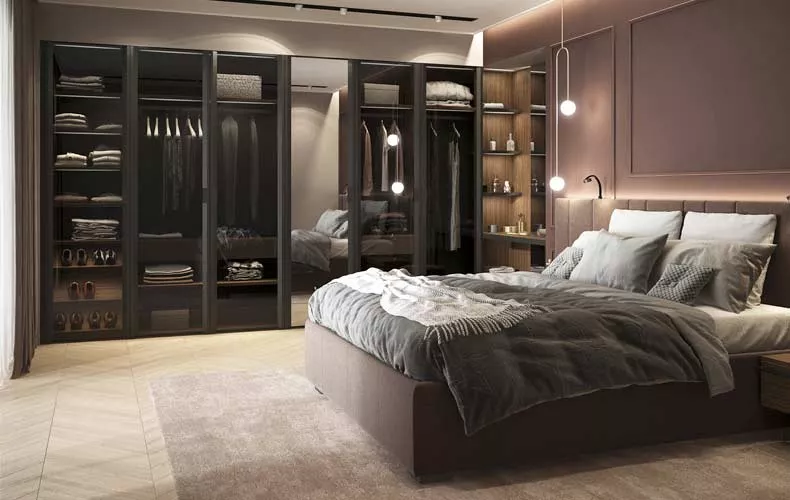 Встроенный шкаф со стеклом и зеркалом в спальню