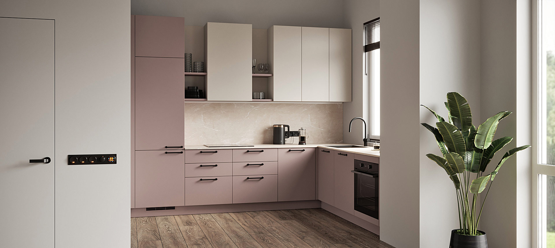 Розовый кварц матовый / Белый Фарфоровый Оникс 