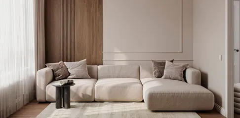 Светлая функциональная квартира  в бежевых тонах для семьи из трех человек