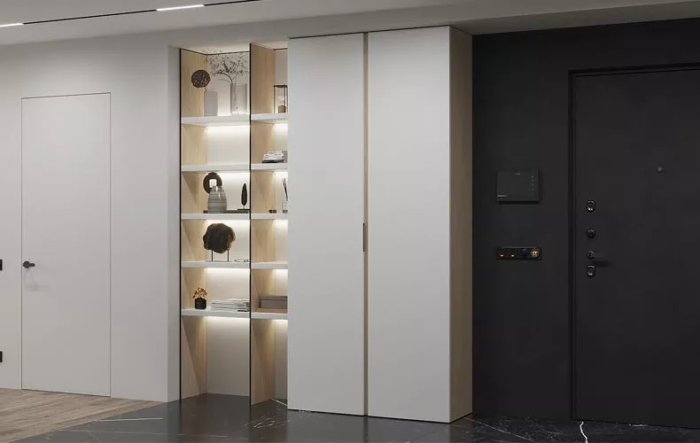 Белый шкаф в прихожую со стеллажом