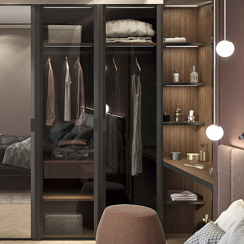 Встроенный шкаф со стеклом и зеркалом в спальню - детальное фото № 4