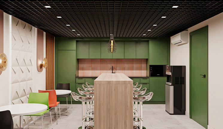 Кухня-столовая в фирменном цвете для российского бренда бытовой техники