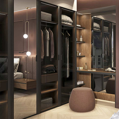 Встроенный шкаф со стеклом и зеркалом в спальню - детальное фото № 1